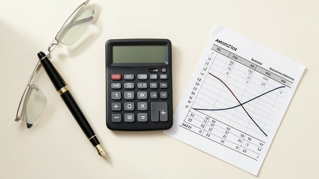 Overhead view of a wooden desk with a calculator, a printed amortization table showing declining balances, a pen, and reading glasses, all arranged neatly.