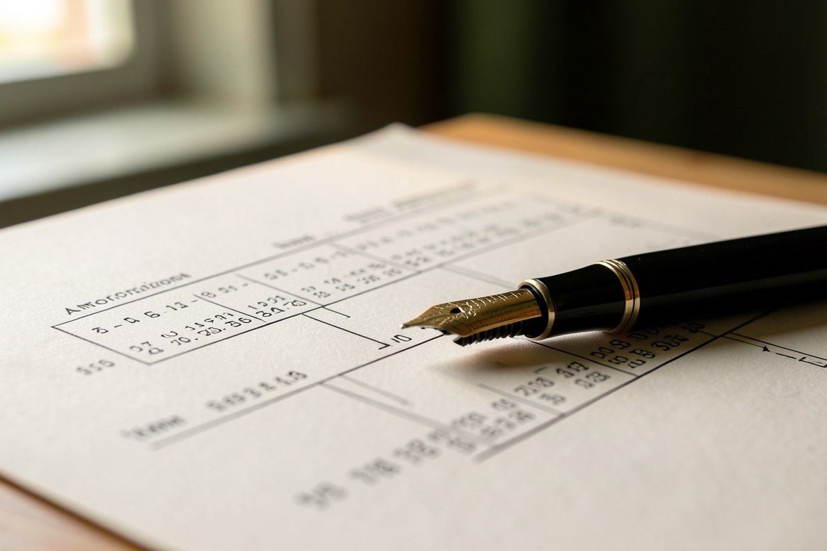 Close-up of a printed amortization schedule with a fountain pen resting on the page, columns of figures showing principal and interest over time.