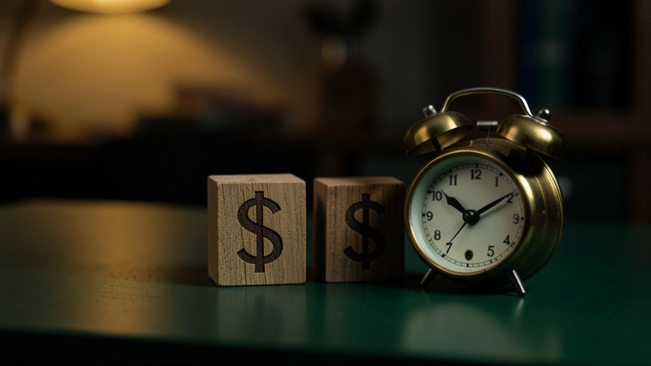 Two small wooden blocks with dollar signs and a small clock placed on a financial chart, symbolizing the trade-off between time and money.