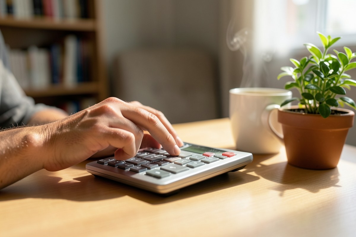 A person using a calculator at a home office desk, with a cup of coffee and a small potted plant nearby, representing budgeting and planning.
