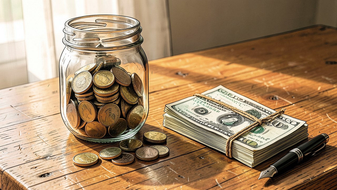 A jar of coins next to a stack of dollar bills and a pen on a table, representing saving extra money for loan payments.