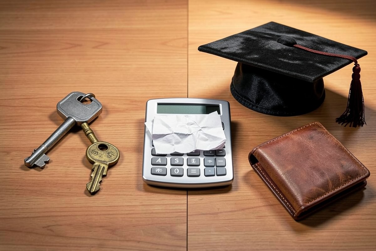 Collage of images representing different loan types: a car key, a house key, a graduation cap, and a wallet, placed on a desk with a calculator.