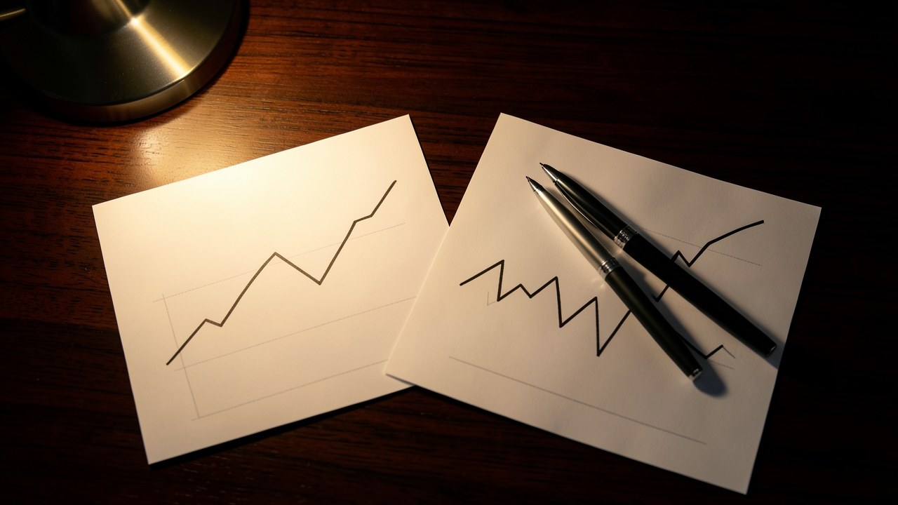 Two contrasting charts side by side on paper, one showing a steady line and the other a more volatile line, symbolizing interest rate and APR.
