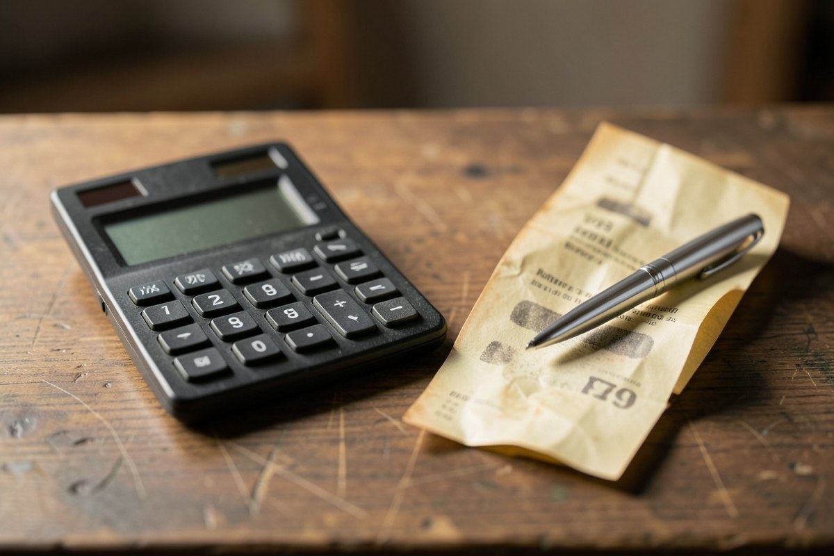 A calculator with a long receipt and a pen, showing a large sum, symbolizing total loan cost.