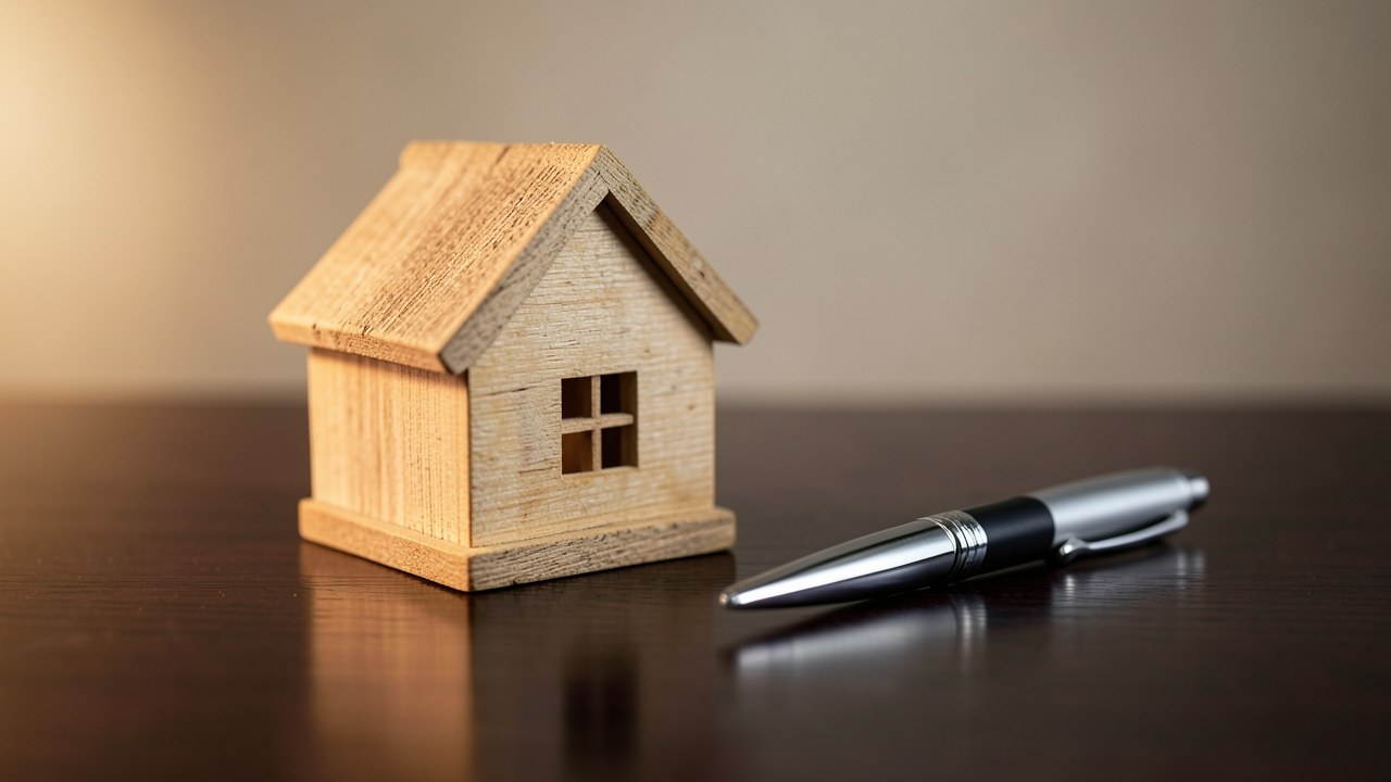 A document with a pen and a small house model, representing refinancing a home loan.