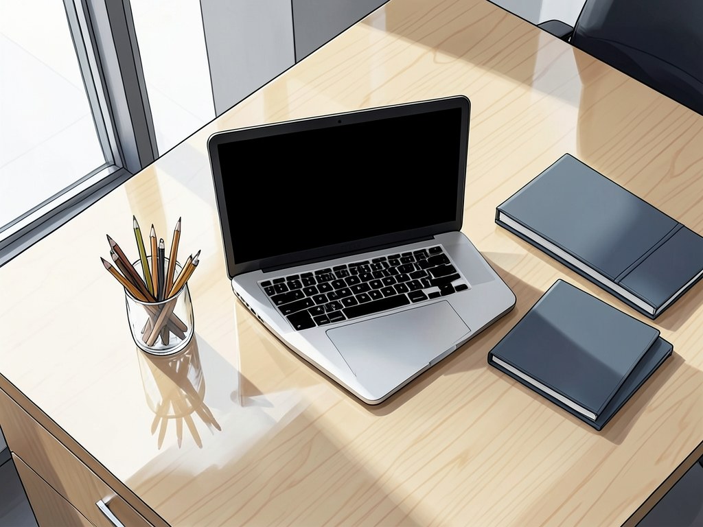 A clean, modern office workspace with a laptop and notebooks, conveying a professional and organized environment.