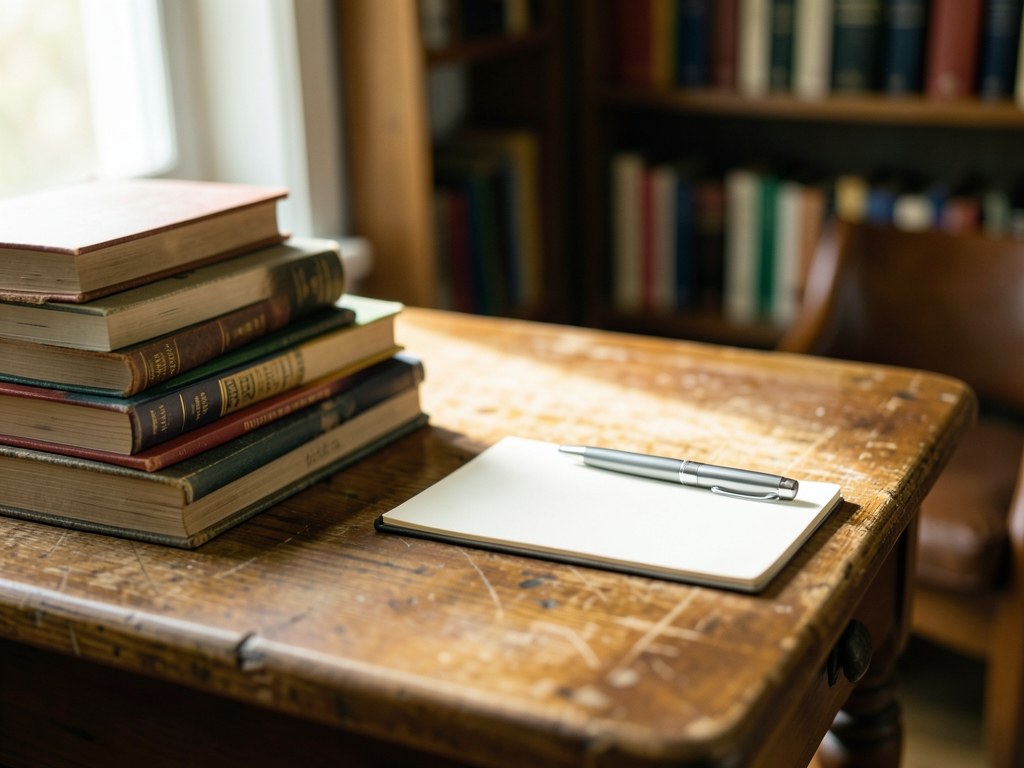 A close-up of a stack of books and a notepad with a pen, suggesting research and editorial review.