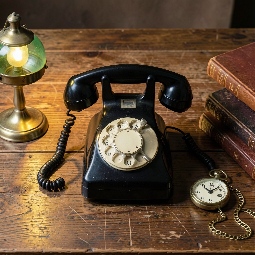 A vintage rotary telephone on a wooden desk, representing contact and communication.