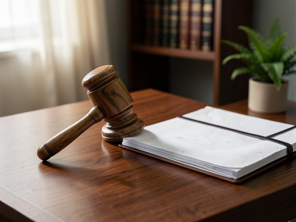 A gavel on a wooden desk with legal documents, representing terms and legal agreements.