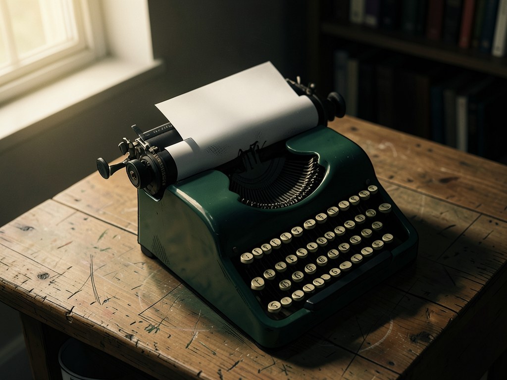A vintage typewriter with a blank piece of paper, suggesting caution and formal notice.